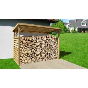 Weka Unterstellplatz Größe 2 aus Holz, gefüllt mit Holzscheiten. Ideal als Mülltonnenbox oder Holzlager.