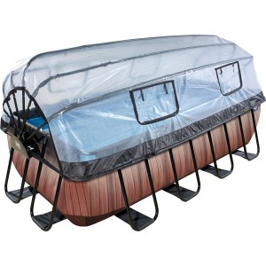 EXIT Wood Pool 400x200x100cm mit Abdeckung und Sandfilterpumpe im Garten.
