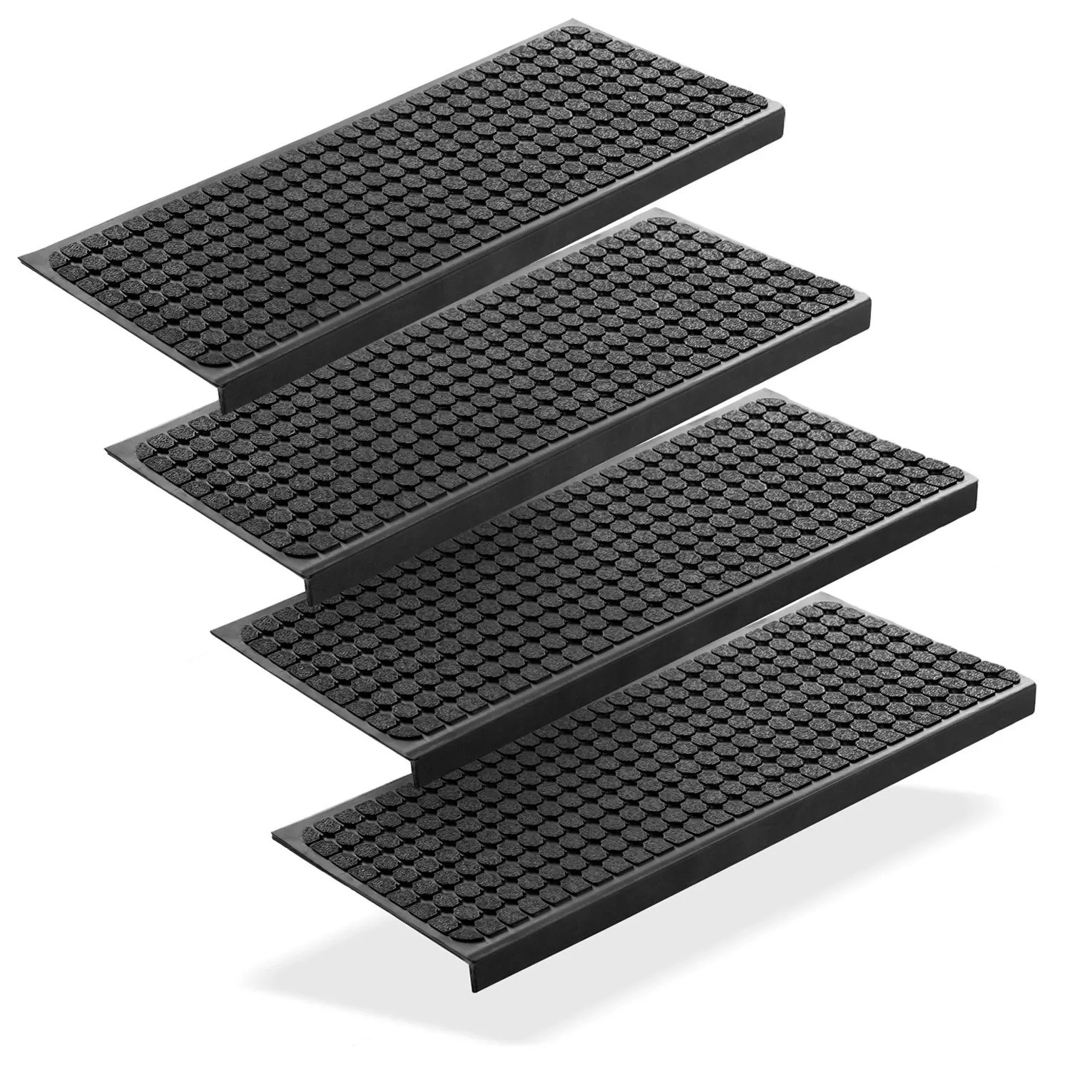 Vier schwarze BigDean Gummi Stufenmatten 75x25cm mit Anti-Rutsch-Struktur für Outdoor Treppen.