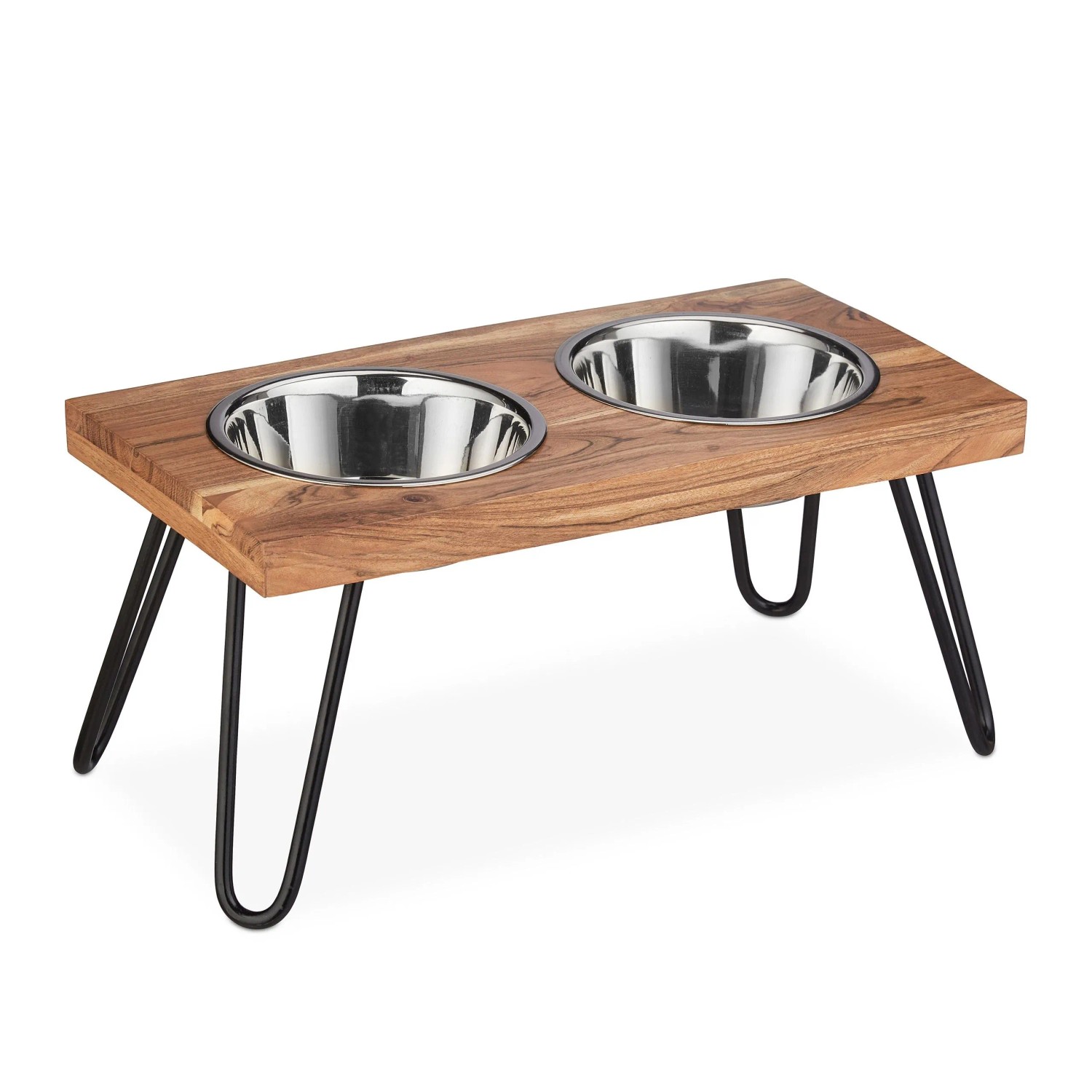 Relaxdays Napfständer Akazienholz Edelstahl Natur Antirutsch 23 cm x 49,5 cm x 25 cm 3 kg