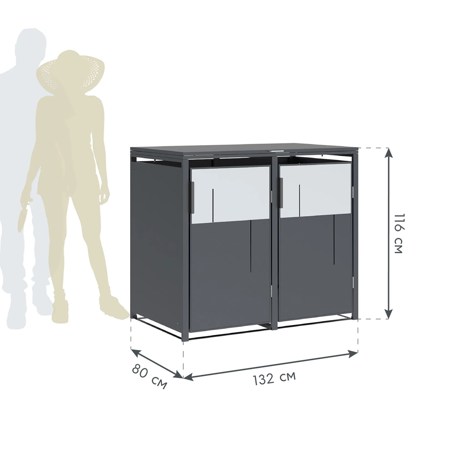 Westmann Mülltonnenbox Tonus 2, anthrazit, für zwei 240L Tonnen, mit Maßangaben.