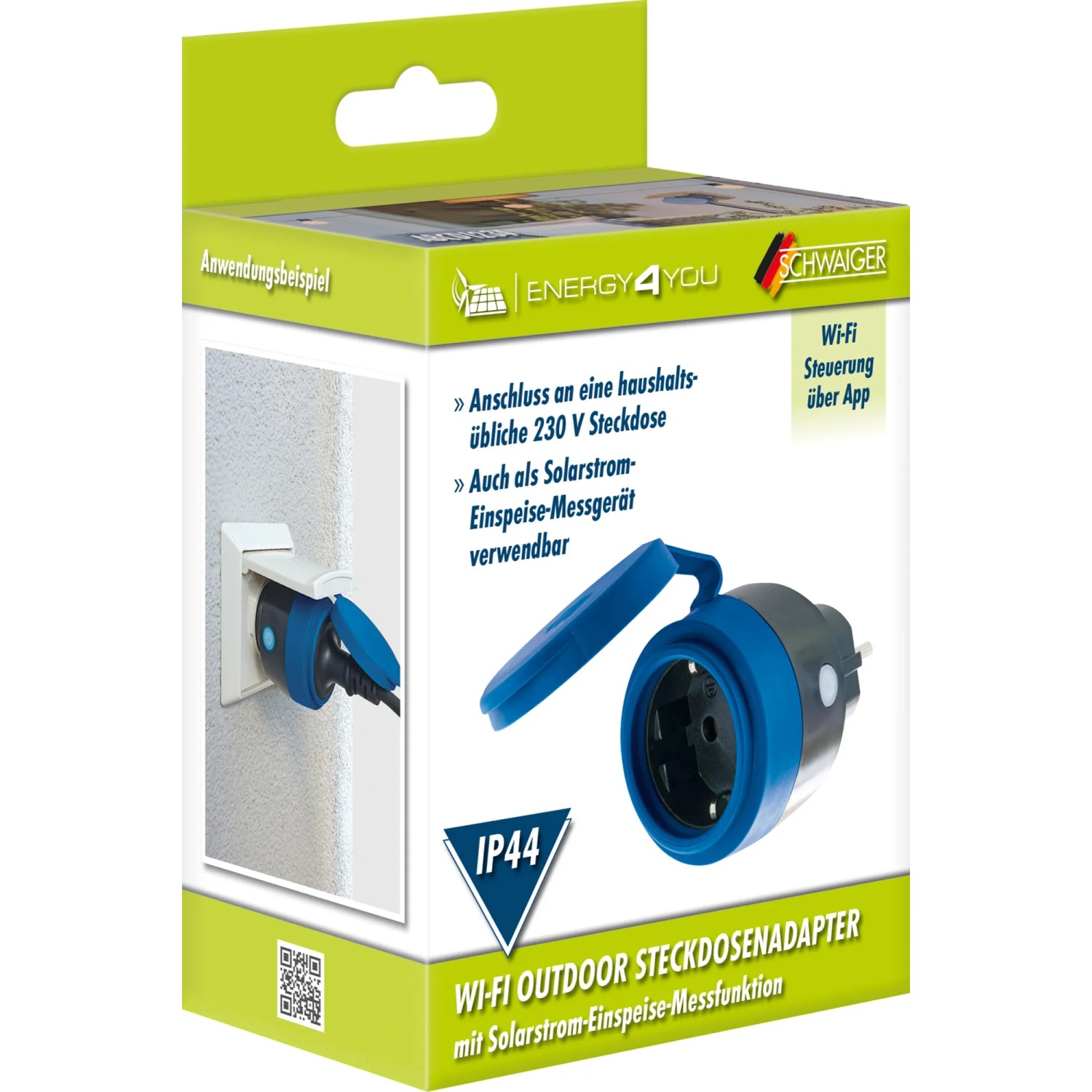 Schwaiger Outdoor WLAN Steckdosenadapter mit Einspeisemessfunktion in Verpackung.