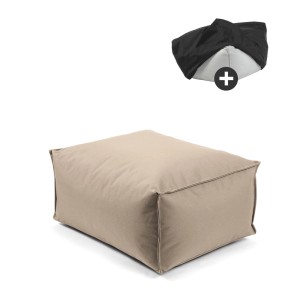 Beiger Outdoor Pouf/Hocker mit Schutzhülle. Wasserabweisend, eckig, ideal für Garten & Terrasse.