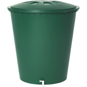 Grüne, runde Regentonne Garantia 210 l mit Deckel und Auslaufhahn.
