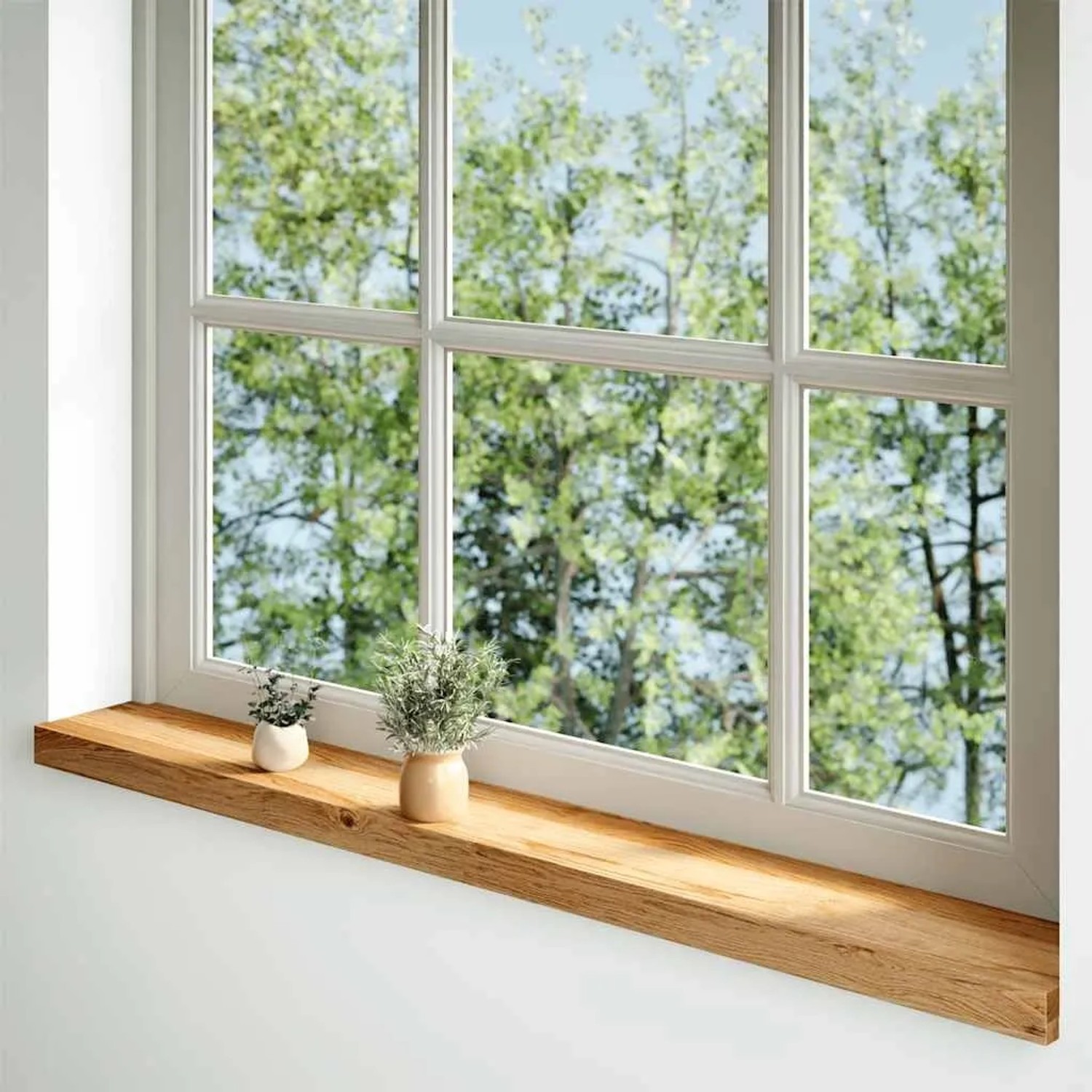 Helle Fensterbank aus Eiche (2 Stk.) 120x15 cm mit Deko-Elementen am Fenster.