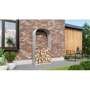 Vitavia Kaminholzregal Ardor 401 hoch aus Zinkalum, gefüllt mit Holzscheiten.