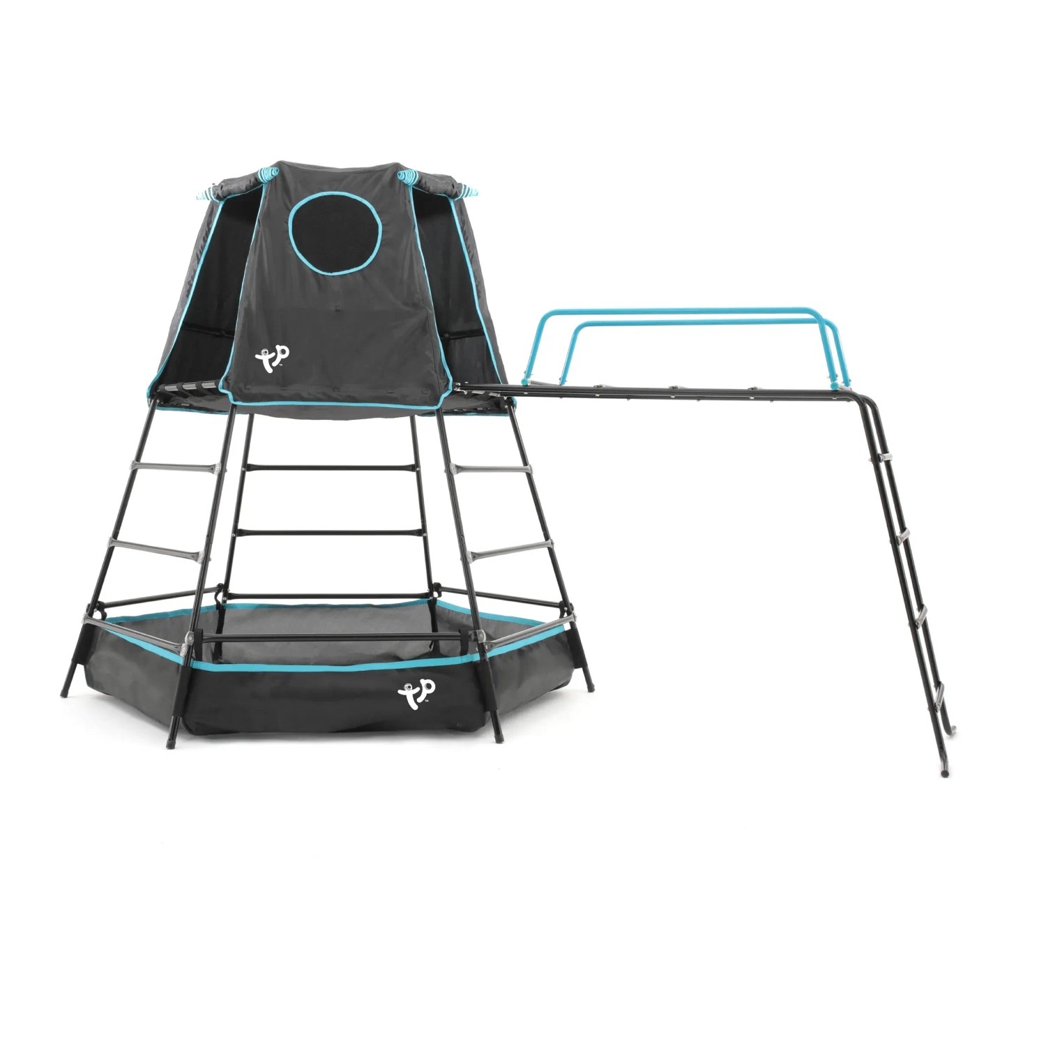 TP Toys Klettergerüst Explorer, schwarz, mit Spielturm, Kletterwand und Sandkasten.