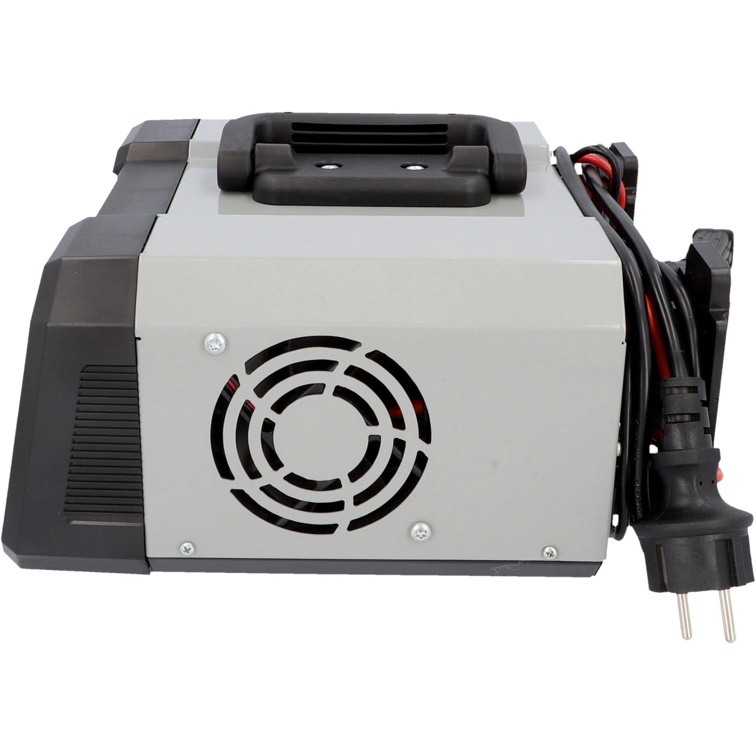 AEG Batterieladegerät CW10: Grau-schwarzes Ladegerät mit Tragegriff und Lüfter.