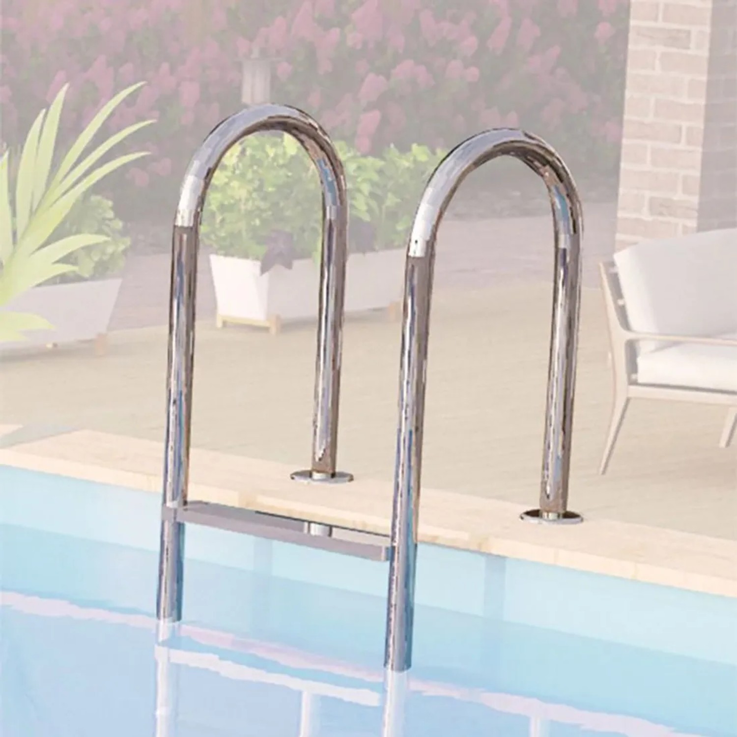 Edelstahl Einhängeleiter für Karibu Pool mit Sonnenterrasse.