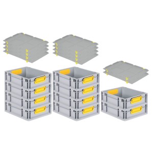 PROREGAL Spar Set: 10 graue Euroboxen mit gelben Griffen und Auflagedeckel, gestapelt.