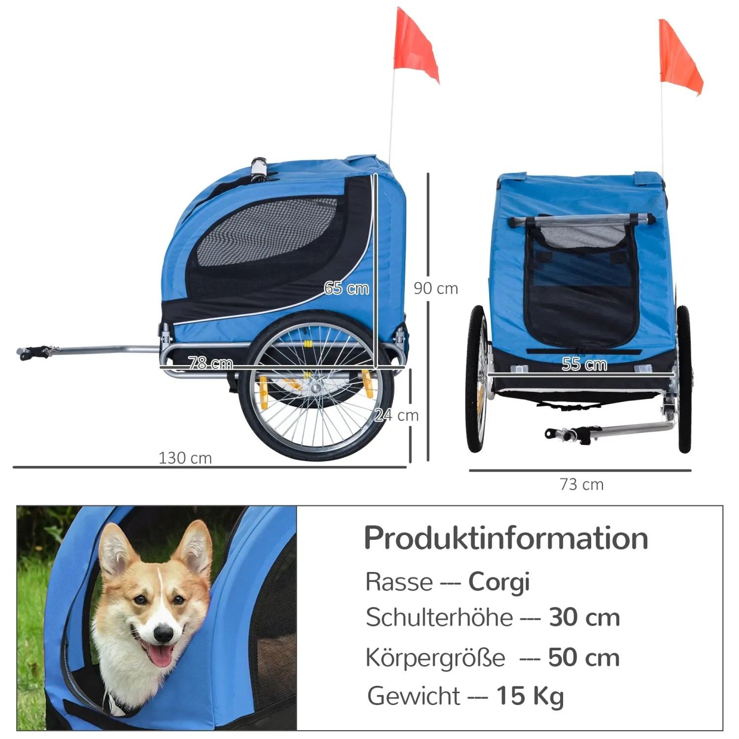 Blauer PawHut Hundeanhänger mit Reflektor für Fahrräder, Seitenansicht und Rückansicht.