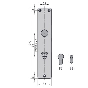 Technische Zeichnung: Basi Langschildpaar Eckig Alu F2 WC-BAD-Lochung mit Maßen.