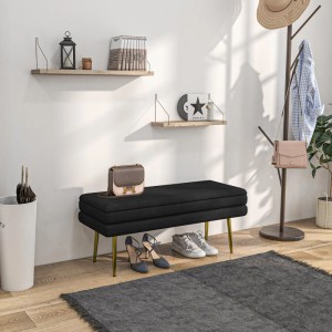 Schwarze Samtoptik Sitzbank mit Stauraum und goldenen Beinen. Ideal als Polsterbank oder Hocker im Flur.
