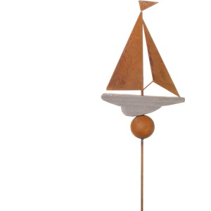 Gartenstecker Segelschiff aus Metall und Holz, braun, 90cm, maritime Gartendeko.