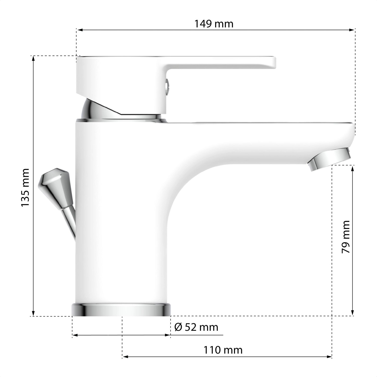 Eisl DIZIANI Waschtischarmatur in Weiß-Chrom, Seitenansicht mit Maßangaben.