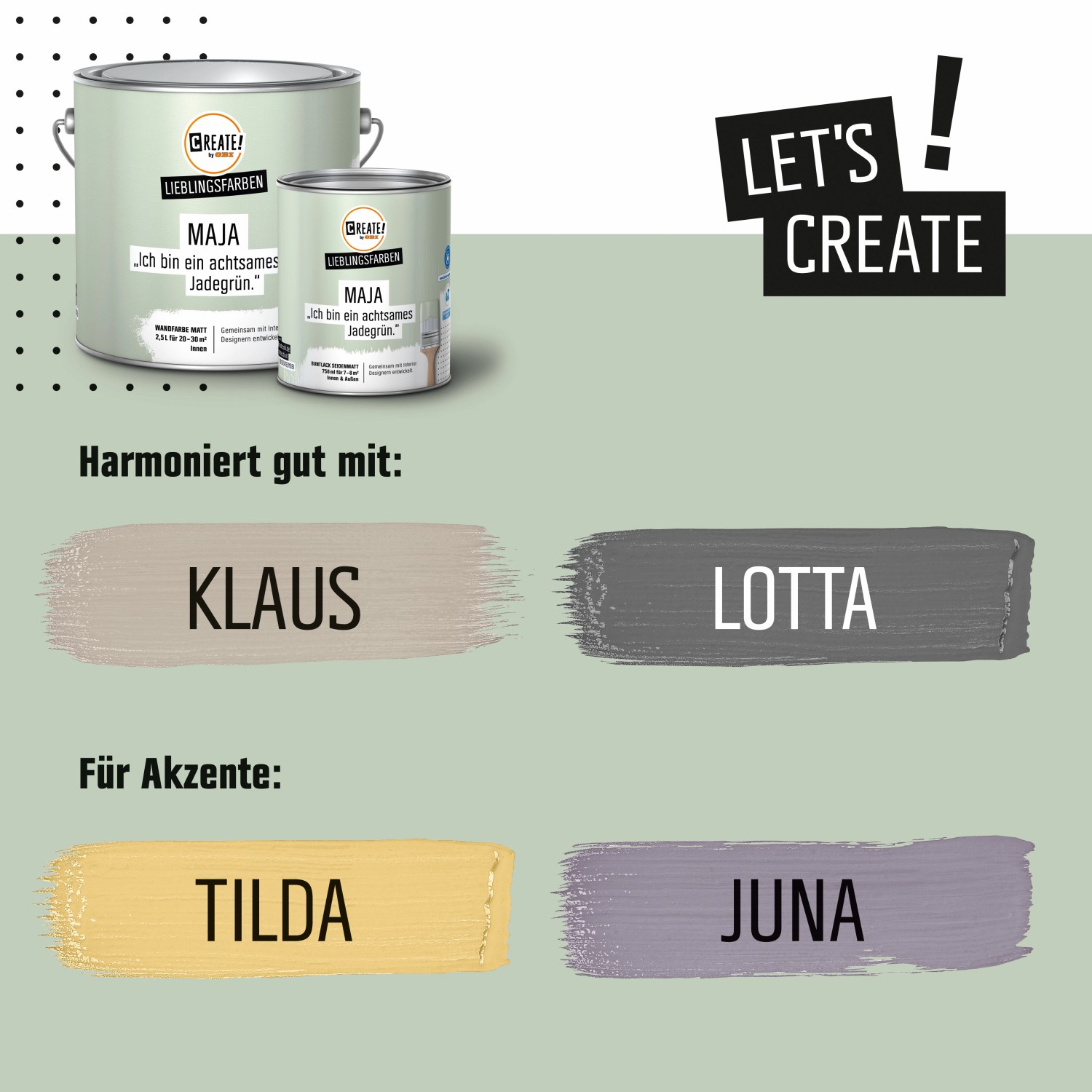 CREATE! by OBI Wandfarbe Maja Jadegrün, 2 Dosen und Farbpaletten mit Klaus, Lotta, Tilda und Juna.