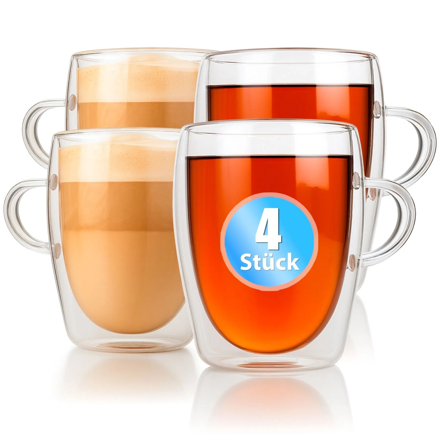 BigDean 4 Stück Doppelwandige Latte Macchiato Gläser mit Henkel 300 ml Teetasse Thermogläser Teegläser Kaffeegläser in Geschenkverpackung