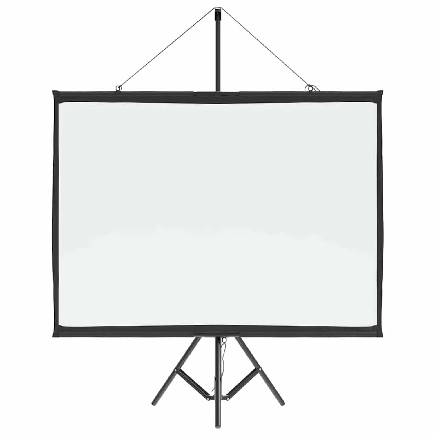 Weiße 60 Zoll 4:3 Projektionsleinwand auf schwarzem Stativ für Heimkino und Präsentationen. Tragbares Video-Zubehör.