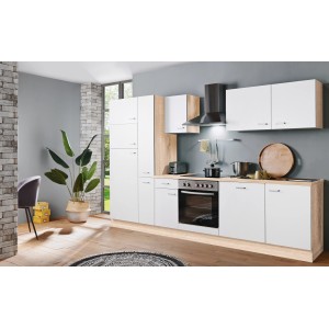 Moderne Küchenzeile Classic 300 cm in Weiß und Sonoma Eiche Nachbildung mit E-Geräten.