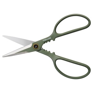 Fiskars Pflanzenschere mit großen, grünen Griffschlaufen und Edelstahlklingen.