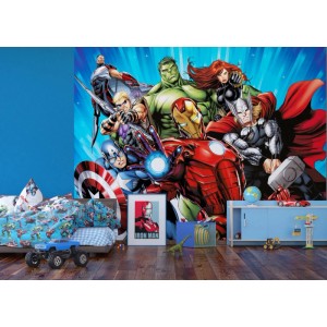Fototapete mit Avengers-Motiv in Blau, Grün und Rot für das Kinderzimmer, 3,6 x 2,7 m.