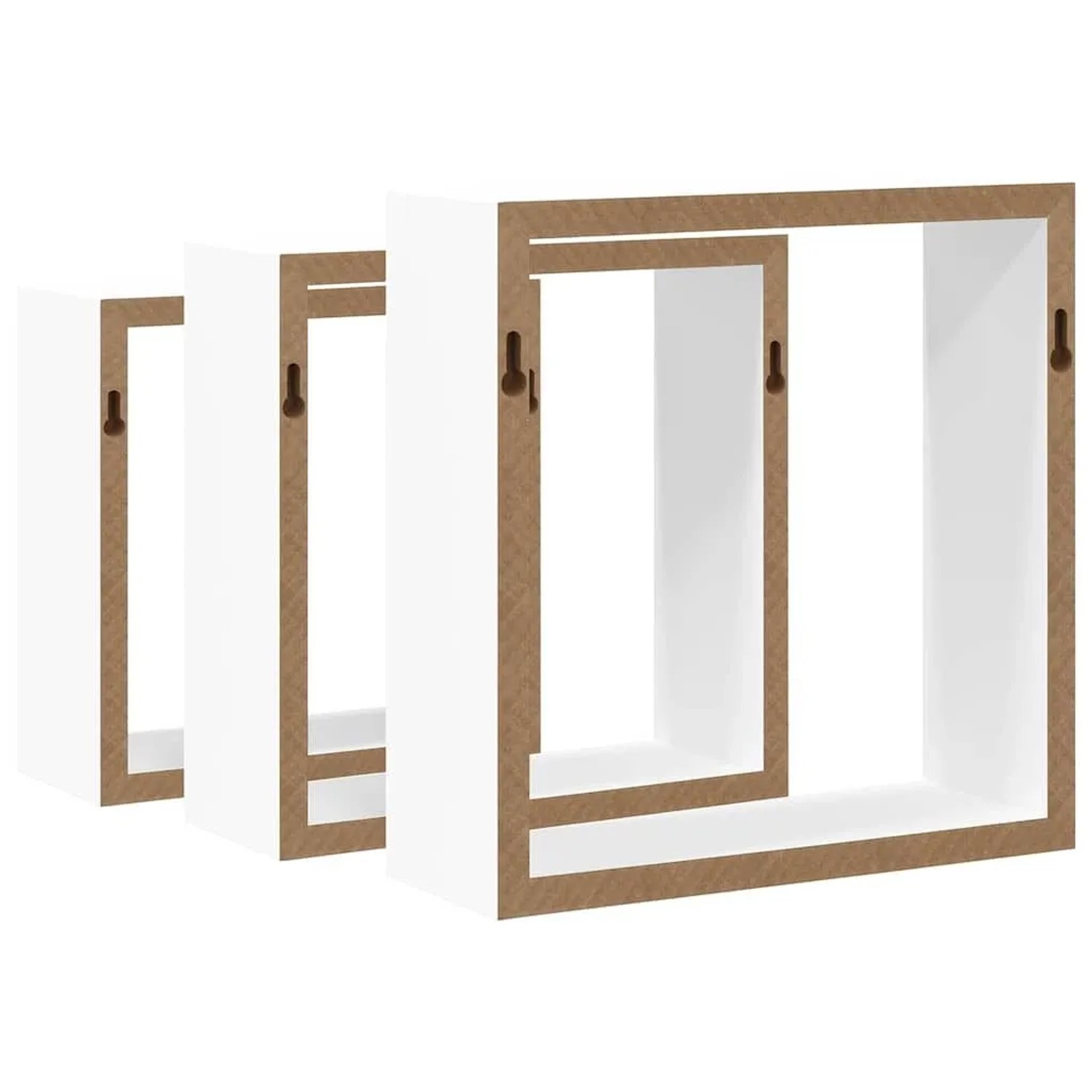 3 weiße vidaXL Würfelregale aus MDF in verschiedenen Größen.