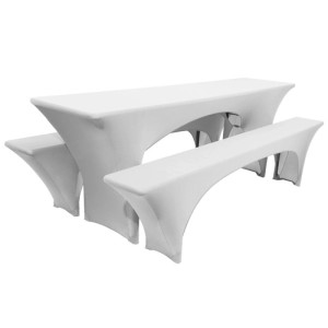 Weißes 3-teiliges Beautissu Victoria Stretch-Hussen-Set für Biertischgarnituren. Eine Tischhusse, zwei Bankhussen.