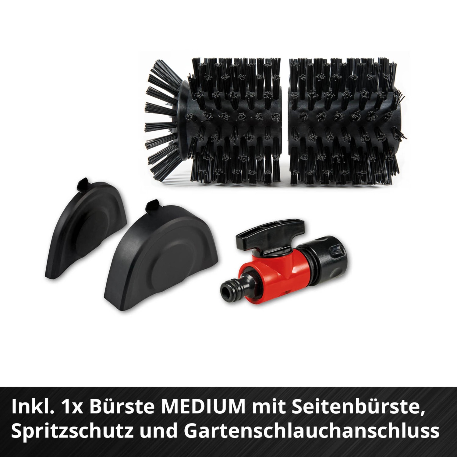 Zubehör für Einhell Akku-Oberflächenbürste PICOBELLA: Bürste Medium, Seitenbürste, Spritzschutz und Gartenschlauchanschluss.