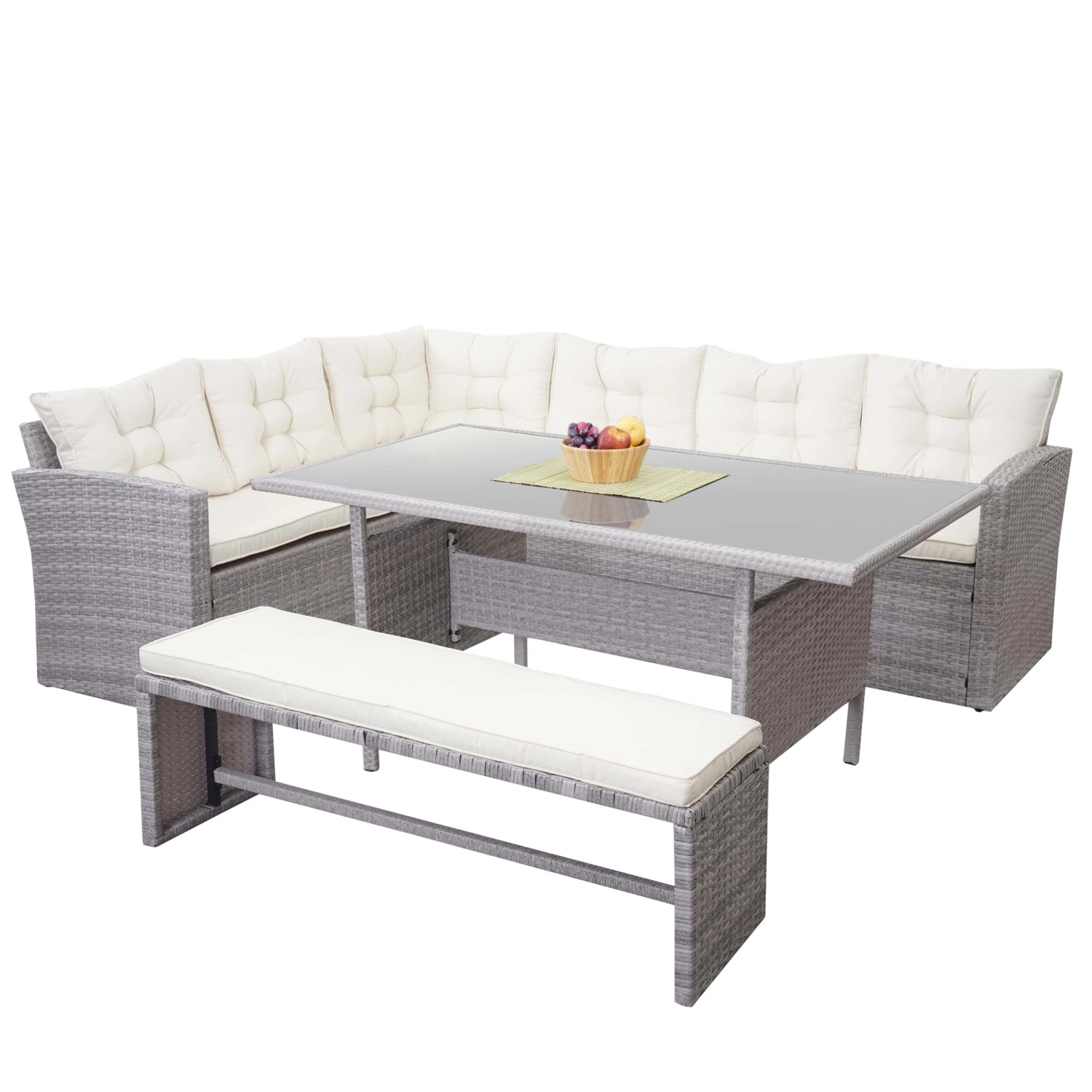 MCW Poly-Rattan-Garnitur A29 Hellgrau Kissen Creme mit Bank_2