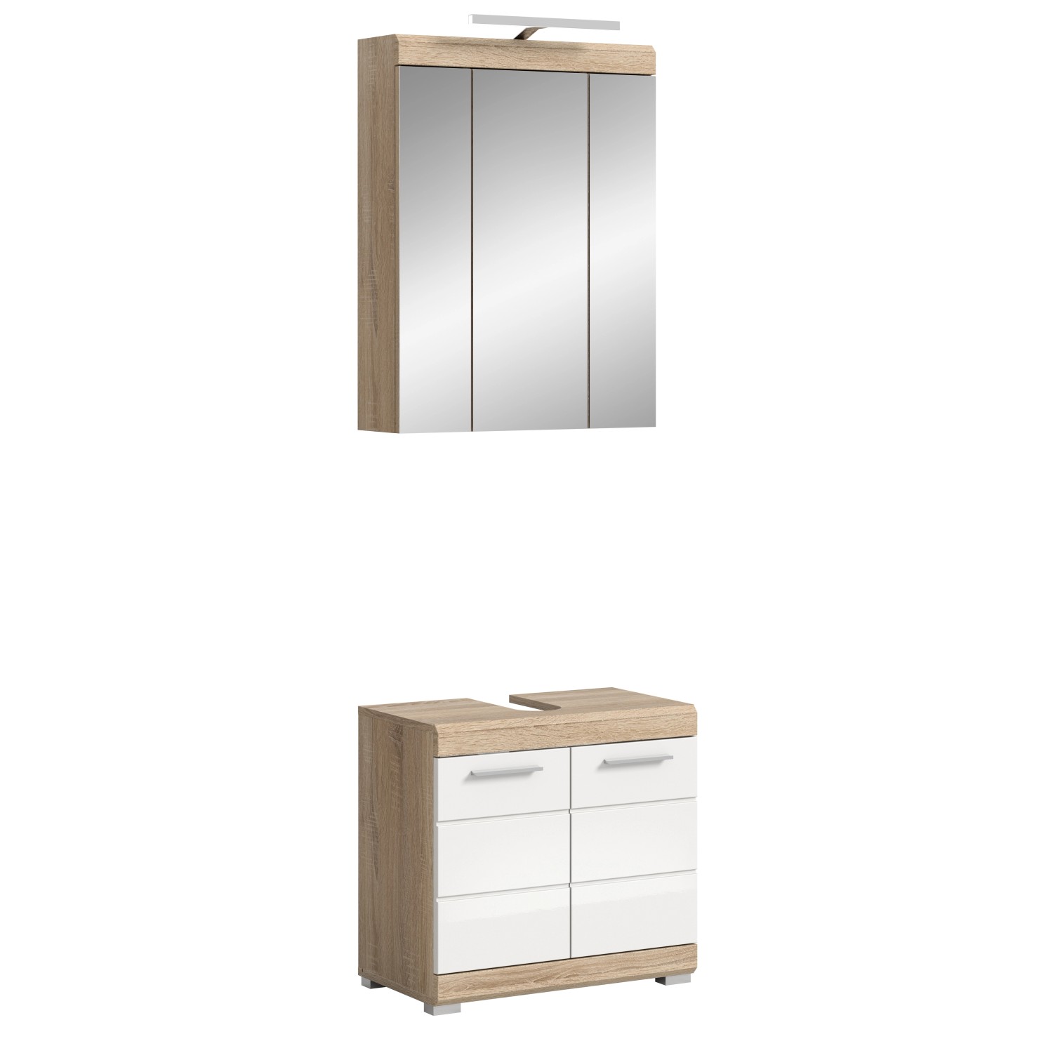 Badkombi Lambada m. Spiegelschrank/Beleuchtung Eiche Hell/Weiß Hochglanz 2-tlg.
