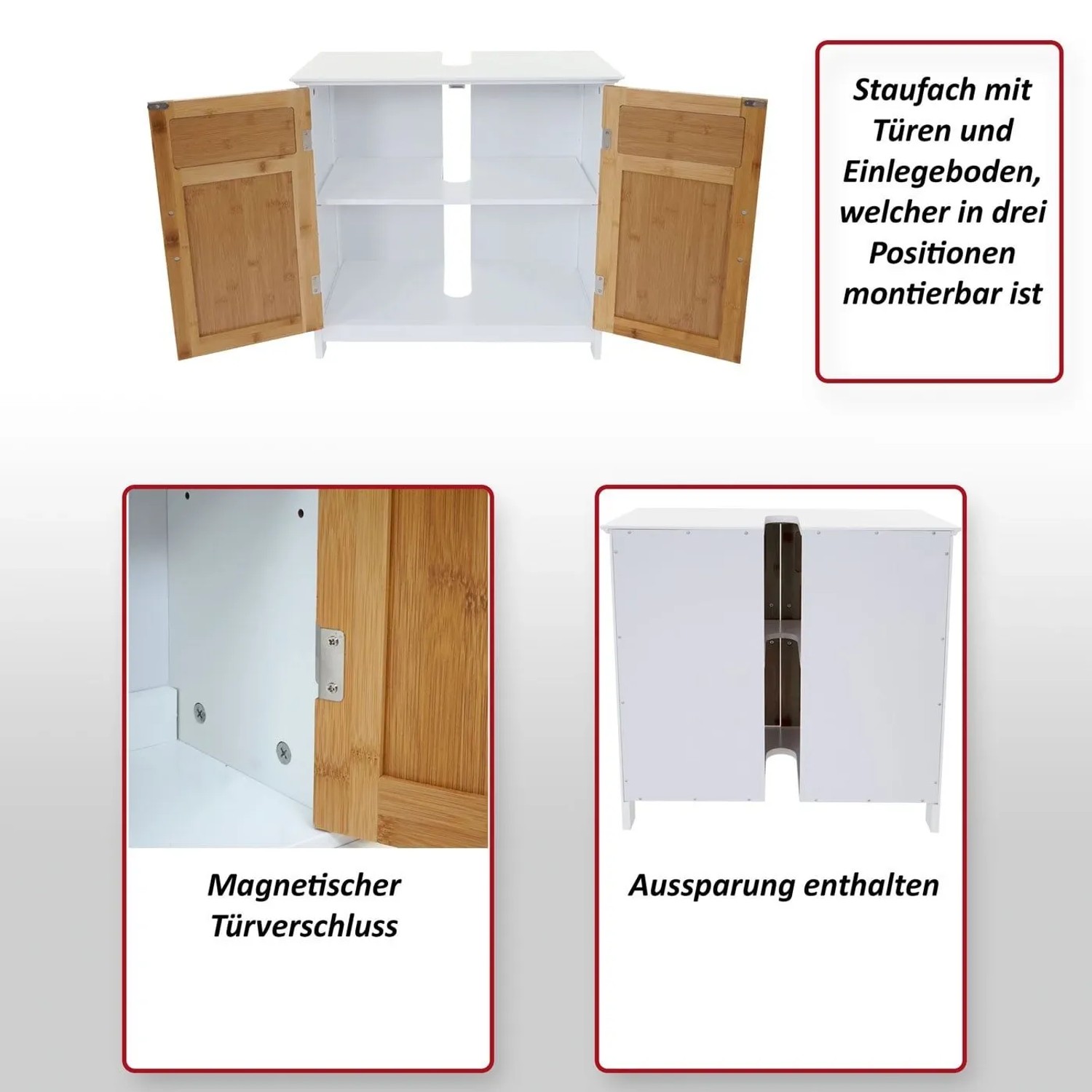 Weißer MCW Waschbeckenunterschrank mit Bambustüren, verstellbarem Einlegeboden, Magnetverschluss und Siphonausschnitt.
