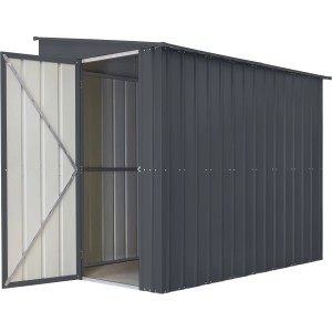 Globel Metall-Anlehngerätehaus Lean-To, 144x234 cm, Anthrazit, mit geöffneter Tür.