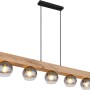 Moderne Globo Pendelleuchte Moitas, 5-flammig, schwarz matt mit Rauchglas-Schirmen und Holzoptik.