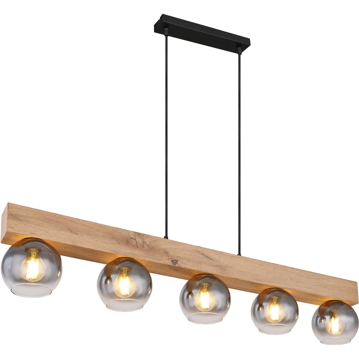 Moderne Globo Pendelleuchte Moitas, 5-flammig, schwarz matt mit Rauchglas-Schirmen und Holzoptik.