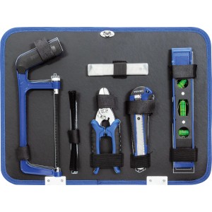 LUX Werkzeugkoffer 129-teilig, geöffnet: Werkzeuge wie Säge, Zange, Wasserwaage und Messer sind sichtbar.