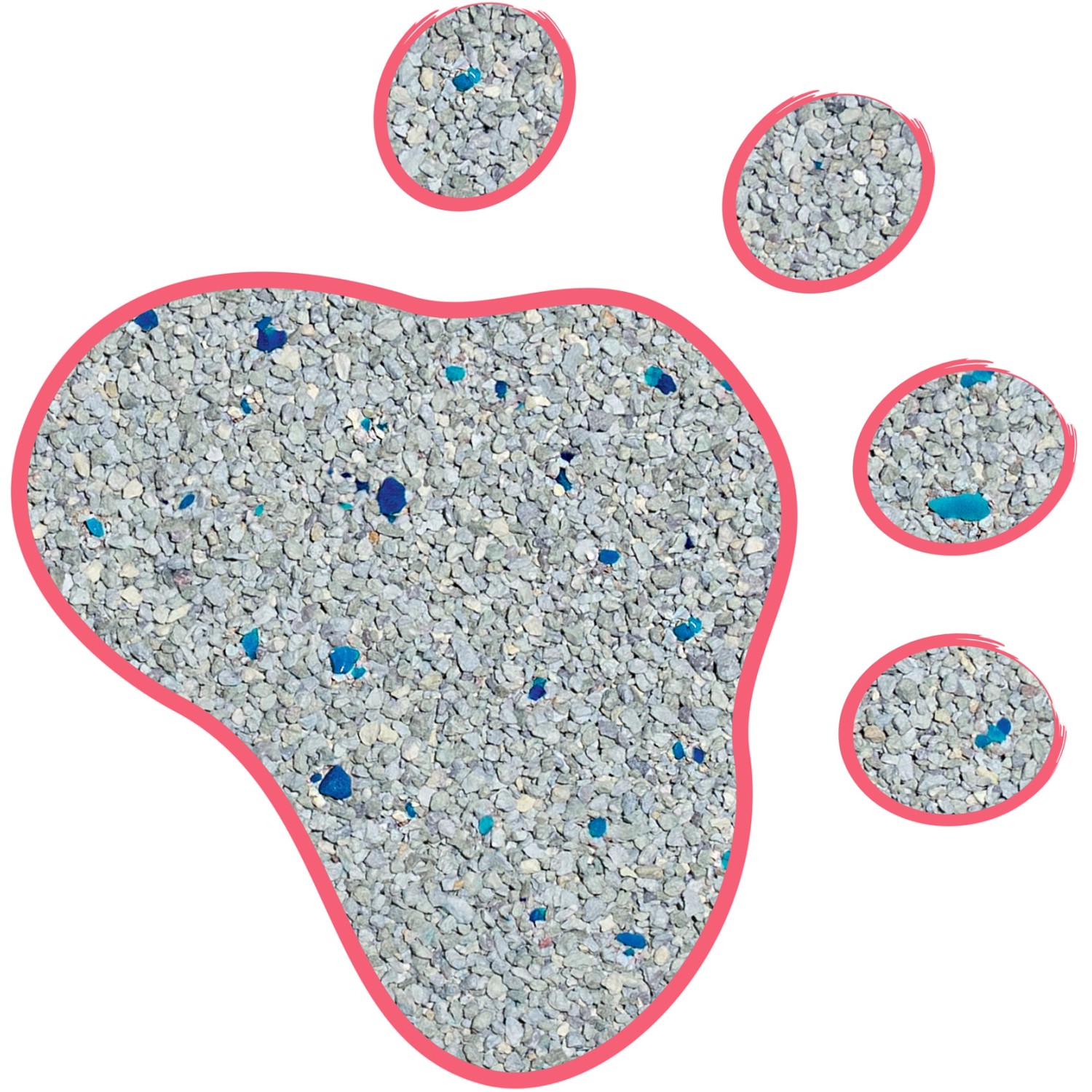 Primox Klumpstreu Babypuderduft mit Silikat in Pfotenform, graue und blaue Körner.