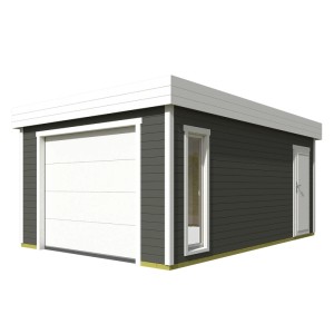 Lasita Garage Bahamas 2, grau-grüne Fertiggarage mit Sektionaltor, Fenster und Tür.