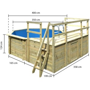 Karibu Holzpool Modell 1 D KDI mit Leiter und Pooldeck, Maße sind eingezeichnet.