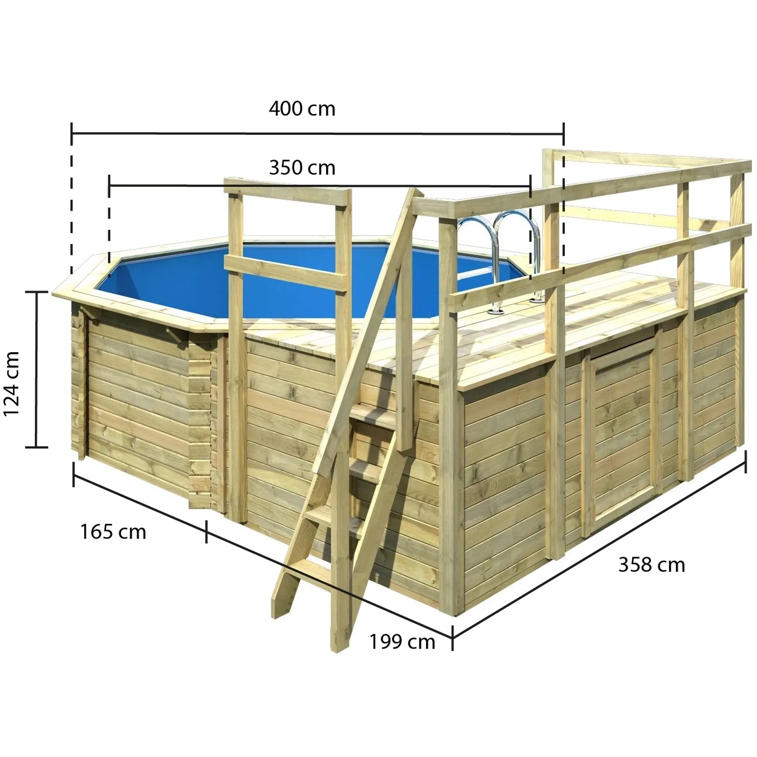 Karibu Holzpool Modell 1 D KDI mit Leiter und Pooldeck, Maße sind eingezeichnet.