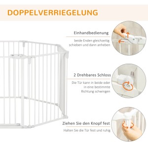 PawHut Welpenauslauf: Doppelverriegelung, Einhandbedienung, schwenkbare Tür. Weißes, klappbares Freilaufgehege mit 8 Paneelen.
