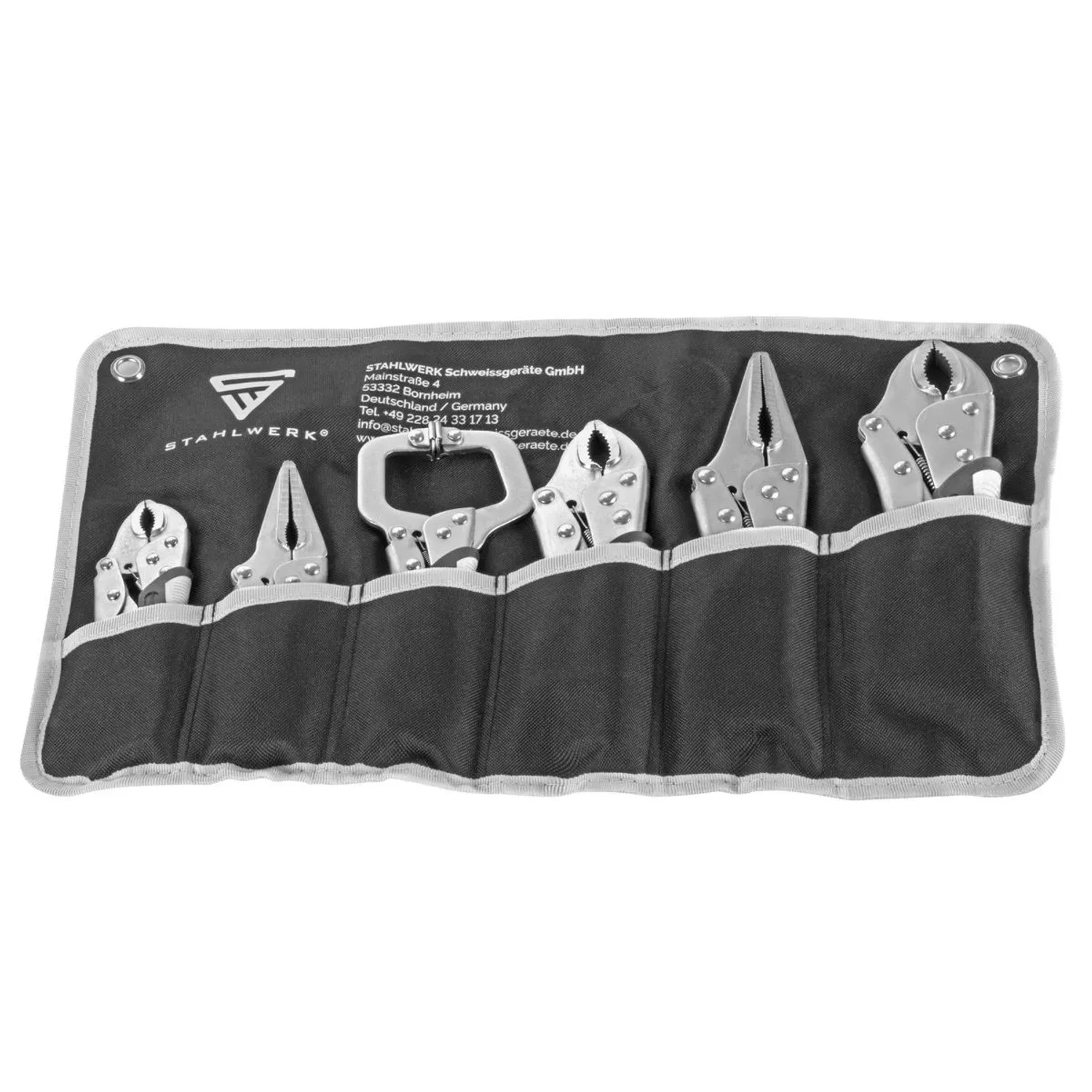 STAHLWERK 6-teiliges Gripzangen Set in schwarzer Rolltasche. Enthält Feststellzangen mit gebogenen Backen, Langbeck- & C-Klemmzange.