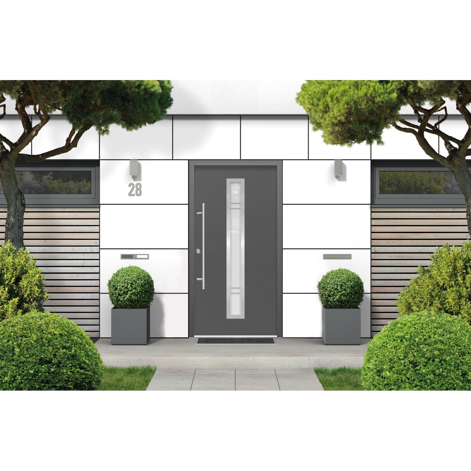 Moderne, anthrazitfarbene Haustür ThermoSpace Palermo mit Glaseinsatz und Edelstahlgriff, eingebaut in eine Fassade.