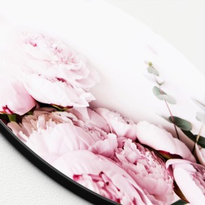 Glasbild Pink Flowers II, 30x30 cm, mit rosa Blüten und Eukalyptus auf weißem Grund.