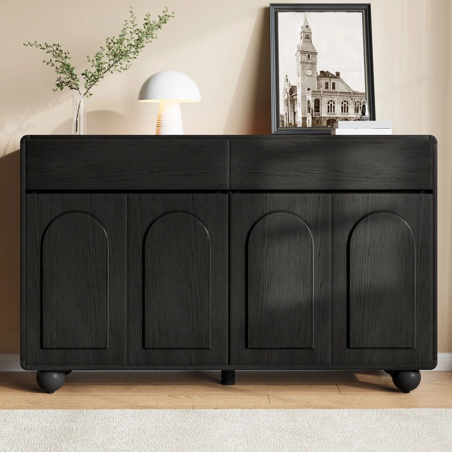 Schwarzes Merax Sideboard mit Holzmaserung, geschwungenen Türen, 2 Schubladen und 4 Türen. Moderner Wohnzimmerschrank.