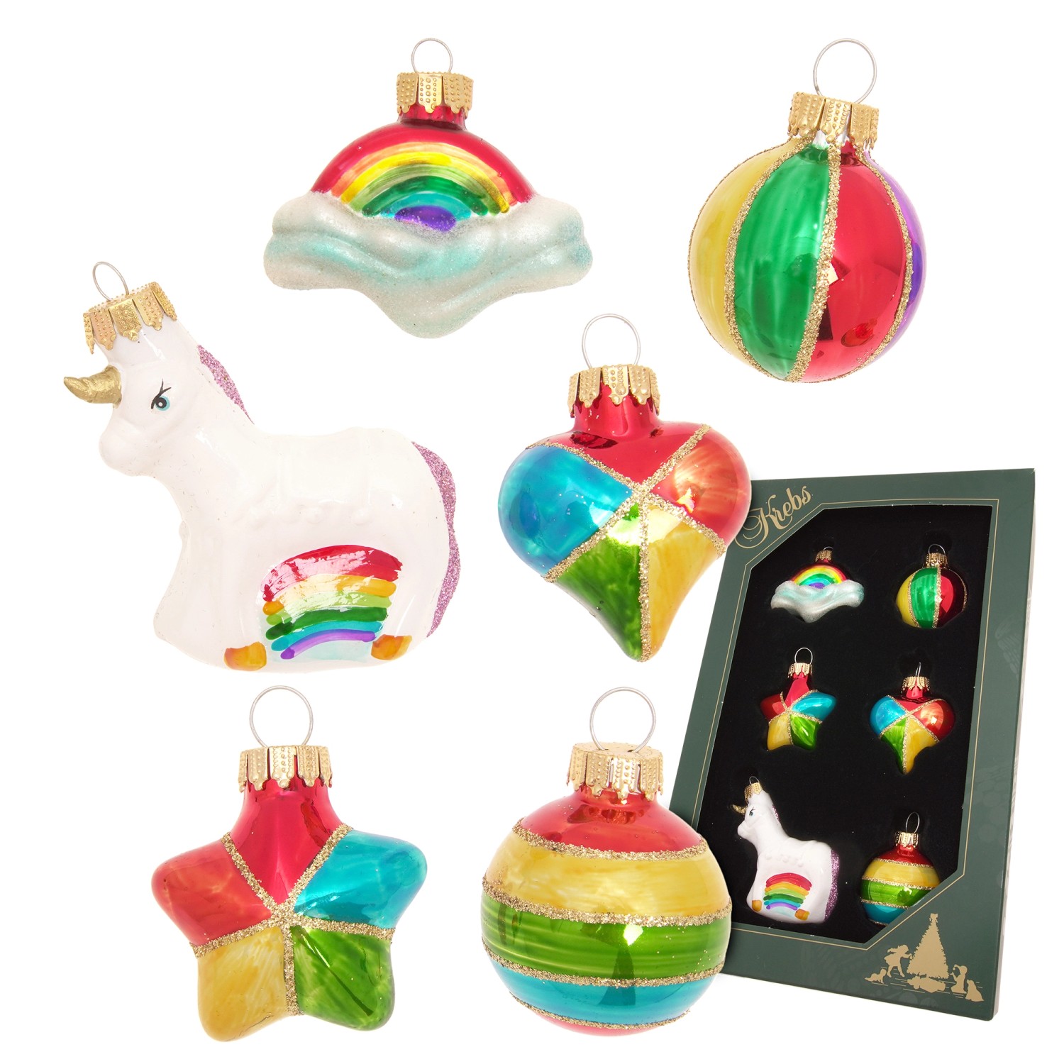 Krebs Glas Lauscha Weihnachtsornamente Miniaturen Rainbow 6-tlg. 3cm