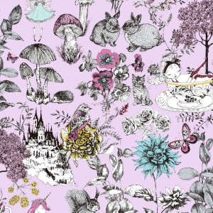 Rosa Kindertapete mit Blumen, Tieren und Märchenmotiven. Matte Vliestapete für Kinderzimmer.