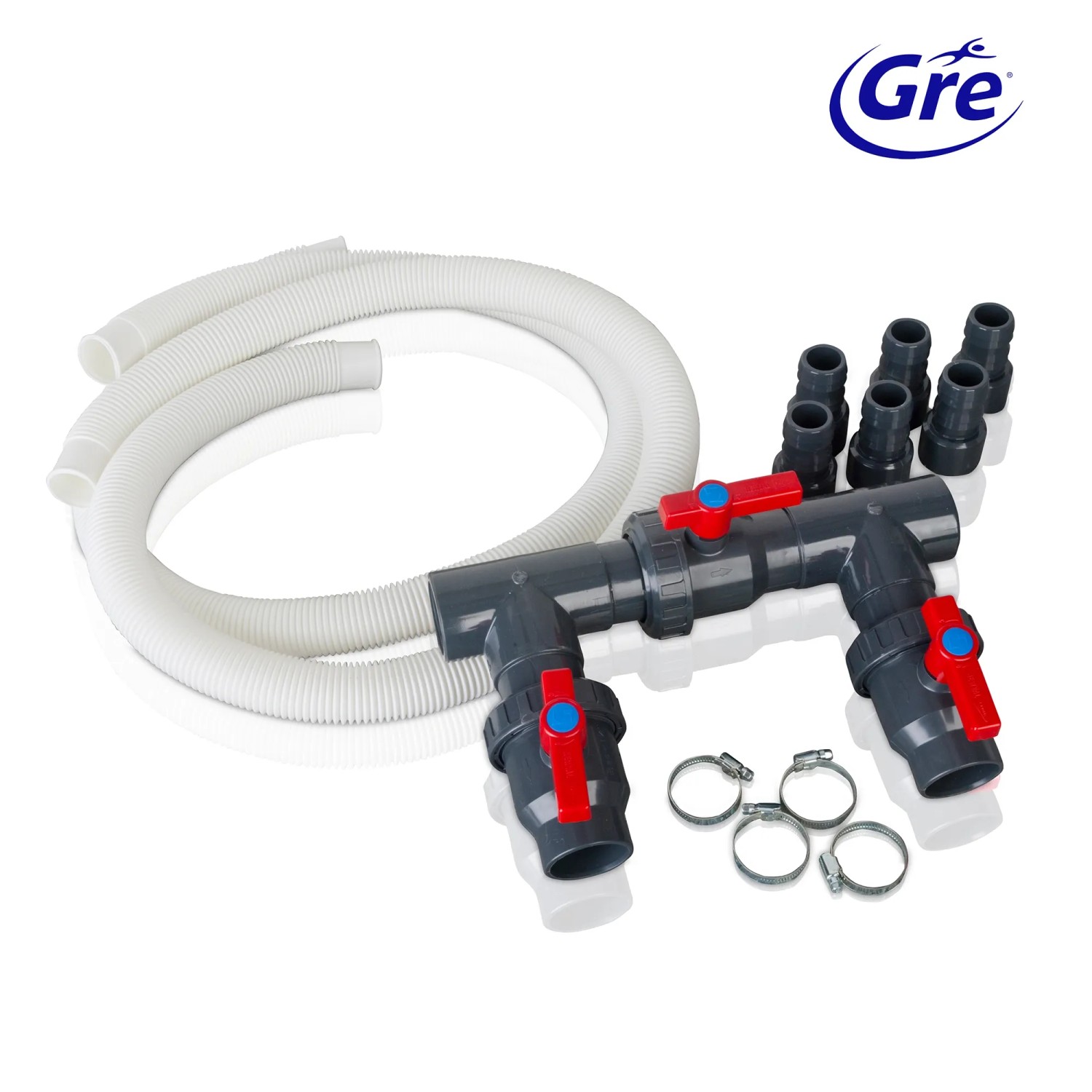 Gre Bypass-Kit für Poolheizung, Wärmepumpen & Elektrolyse. Grau, mit Schlauch, Ventilen und Adaptern.