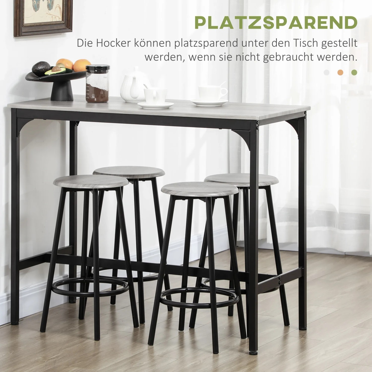 HOMCOM Bartisch Set mit 4 Barhockern, grauem MDF und schwarzem Metallgestell.