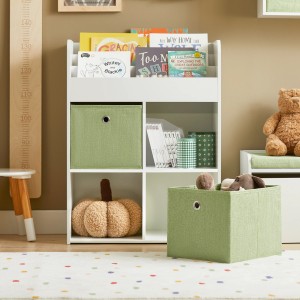 SoBuy Kinder Bücherregal mit 2 Stoffboxen (grün). Weißes Regal mit Fächern für Bücher und Spielzeug.