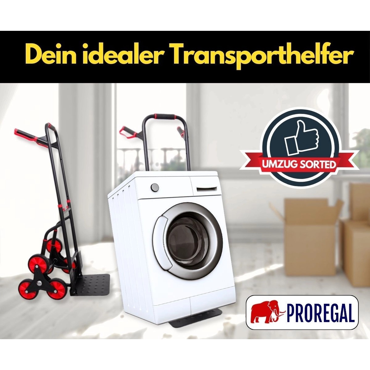 PROREGAL Treppensteiger TAURUS mit Waschmaschine, rot-schwarzer Stahlrahmen, Traglast 250 kg.